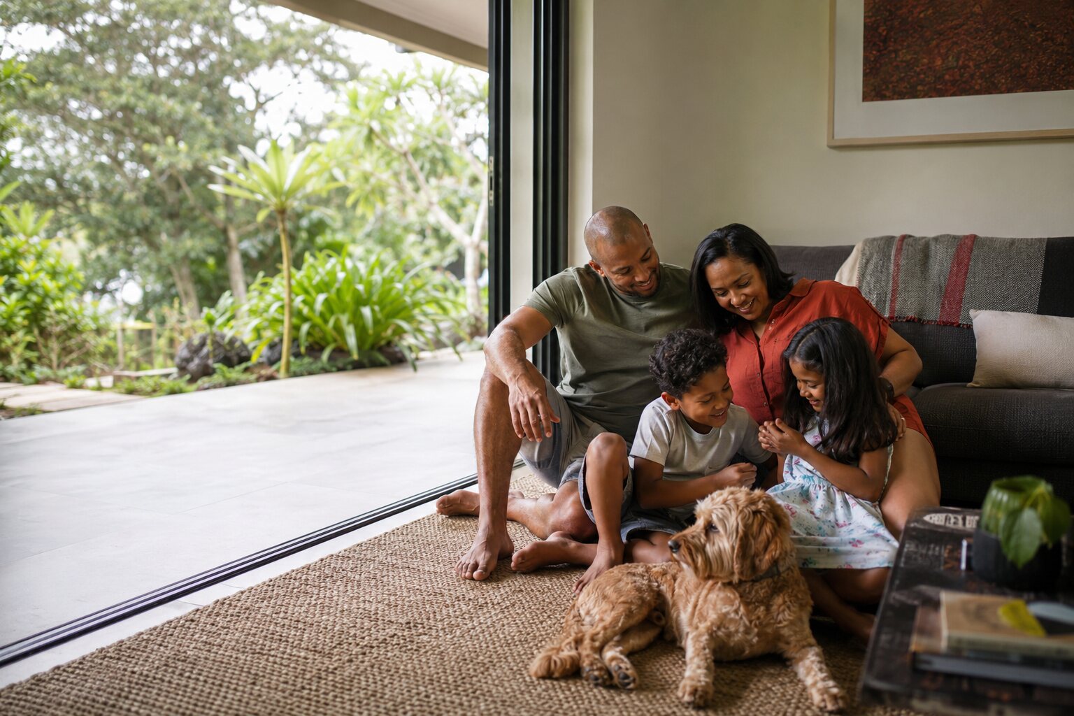 Family and pet relaxing in a clean comfortable home